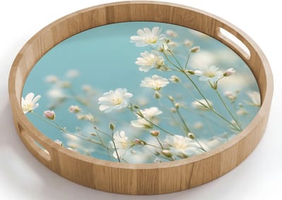 Dienblad rond 40x40 cm - Schootdienblad hout - Stängel – Blumen – Luft – Weiß - Borrelplank rechthoek - Plateau houten dienbladen