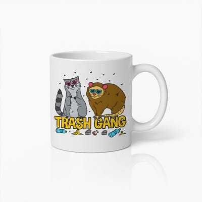 Grappige “Trash Gang” Witte Mok – Coole Wasbeer & Possum Cartoon Print – 330 ml Keramische Koffiemok