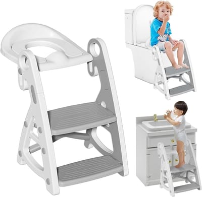 Hoogteverstelbare Kindertoiletzitting met Trap en PU-kussen - Opvouwbare 2-in-1 Toilettrainer voor Jongens, Meisjes en Peuters met Opstapje