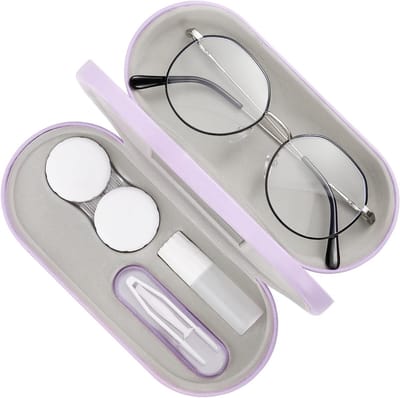Dubbele Bril- en Contactlensetui met Spiegel, Pincet en Opbergdoos voor Zonnebrillen en Contactlenzen, Handig en Draagbaar voor Mannen en Vrouwen, Lilac