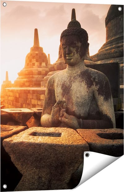 Gards Tuinposter Boeddha Beeld in een Tempel - 60x80 cm - Tuindoek - Tuindecoratie - Wanddecoratie buiten - Tuinschilderij