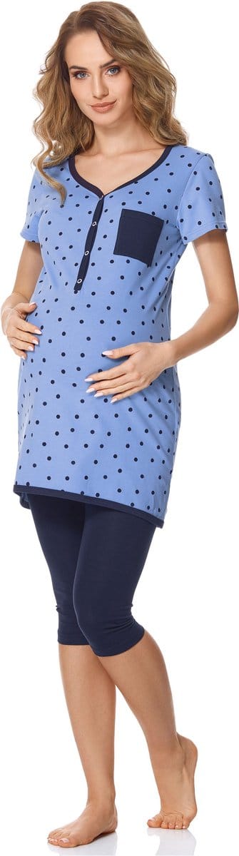 Bellivalini Dames Zwangerschapspyjama - Korte mouwen - Korte broek met borstvoedingsfunctie - Katoen - BLV-BLV50-126-PJ - Blauw Punten/Marineblauw - S
