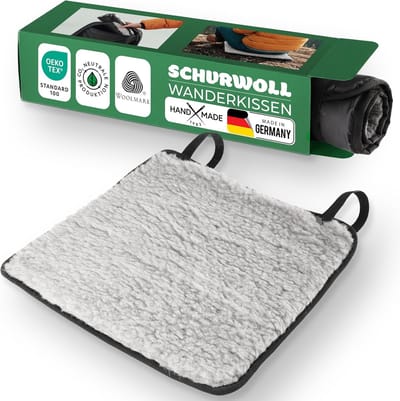 Novaliv Wandelkussen - Buitenzitkussen gemaakt van zuivere scheerwol, waterafstotende polyamide onderkant - warm, ademend en isolerend - 37 x 37 cm - grijs - lichtgewicht en compact - voor kamperen, wandelen, picknicken en reizen.