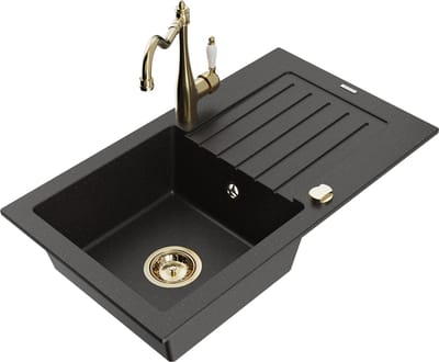 Mexen Pablo granieten gootsteen 1-vaks met afdruiprek en keukenmengkraan Carla, zwart/goud metallic - 6510-75-670700-50