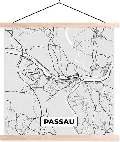Posterhanger incl. Poster 40x40 cm - Schoolplaat - Passau - Kaart - Stadskaart - Plattegrond - Duitsland - Textielposter - Blanke latten - Stadskaart