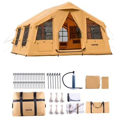 VEVOR Opblaasbare kampeertent voor 8-12 personen met handpomp, 4,8 x 3,6 x 2,2 m Glampingtent met 2 dakramen, luifel, kachelaansluiting, 2 deuren en gaasramen, opbergtas