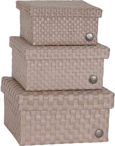 SET van 3 Opbergbox lichtbruin met deksel – stevige kunststof mand – decoratieve opbergdoos voor woonkamer, slaapkamer en kantoor - Handed By Cube Basket Basket size small, medium and large set 3