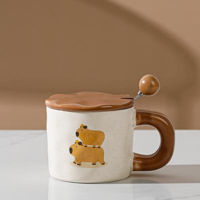 Schattige Dieren Mok Capibara Keramische Kop Thuis Kantoor Drinkbeker Waterbeker met Deksel Lepel 301-400ml
