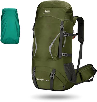 CarryQuest® 60L Hiking Backpack - Waterdichte Trekking Rugzak met Regenhoes, Drinksysteem, MOLLE-Systeem & Heupvakken - Legergroen