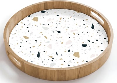 Dienblad rond 40x40 cm - Schootdienblad hout - Terrazzo - Patroon - Wit - Neutraal - Borrelplank rechthoek - Plateau houten dienbladen