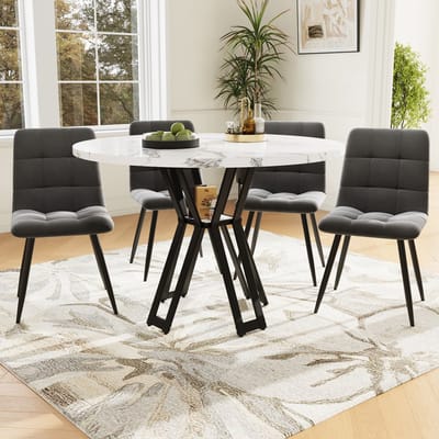 Eettafelset - 5-delig - met 4 stoelen - ronde eettafel - wit tafelblad en zwarte tafelpoten - grijze eetkamerstoelen
