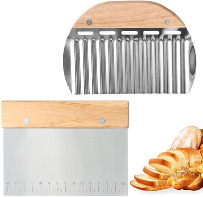 Set van 2 roestvrijstalen deegschrapers met houten handvat, ideaal voor deegsnijden, bakken en schrapen van groenten, 15 cm lang