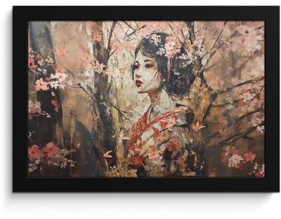 Poster in lijst - Fotolijst 30x20 cm - Posters - Kimono - Vrouw - kersenbomen - Posterlijst zwart - Decoratie - Wanddecoratie woonkamer - Muurdecoratie slaapkamer