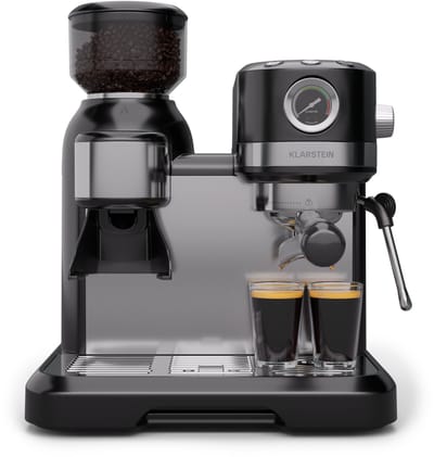Klarstein Koffiemachine Bella Café portafiltermachine Met Maalwerk – 19 Bar, 1550W, 1,4-l-Watertank, Ingebouwd Kegelmaalwerk, Melkopschuimer, 2 Tasseninzetten, Thermo-blok, Zwart - Espressomachine,4L - voor Keuken - LED