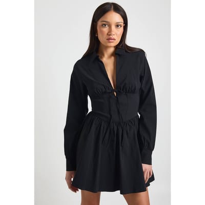 boohoo Dames Bengaline Jurk met Getailleerde Taille en Lange Mouwen in Skater Stijl | Zwart | Maat: 36
