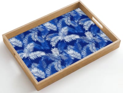 Dienblad hout 50x35 cm - Schootdienblad - Palmblad - Patroon - Blauw - Borrelplank rechthoek - Plateau dienbladen