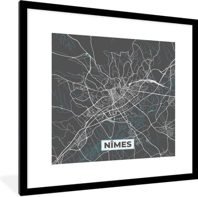 Fotolijst incl. Poster - Nîmes - Frankrijk - Plattegrond - Stadskaart - Kaart - 40x40 cm - Posterlijst