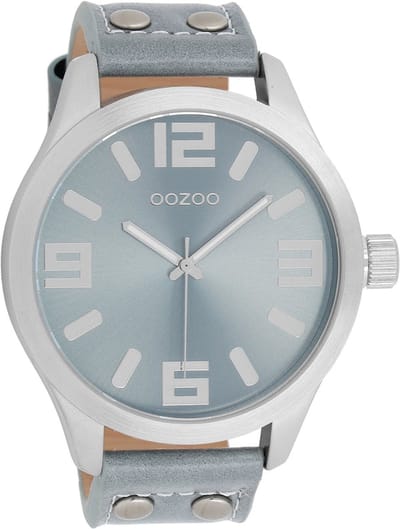 OOZOO Timepieces - Zilverkleurige horloge met aqua grijze leren band - C1010