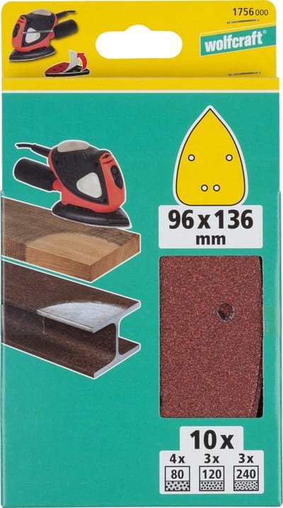 wolfcraft - Schuurpapier - 10 delig - voor mouse schuurmachine driehoek - Korrel 80 / 120 / 240 - 1756000