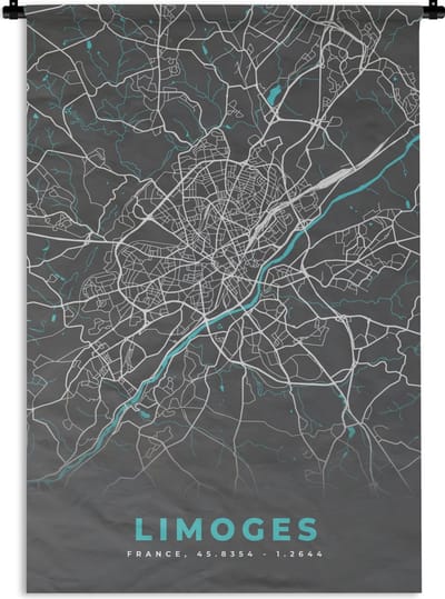 Wandkleed - Wanddoek - Frankrijk - Plattegrond - Kaart - Stadskaart - Limoges - 120x180 cm - Wandtapijt