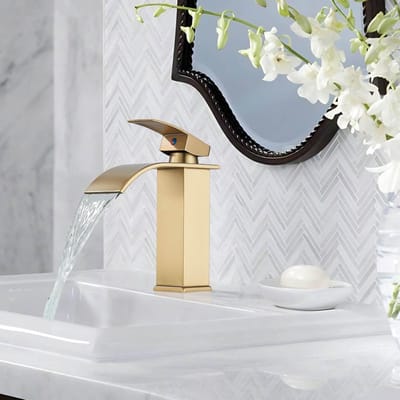 Kraan badkamer met afvoergarnituur, waterval wastafelarmatuur eenhandsmengkraan wastafel, waterbesparend, energiebesparend, gebürstetes Gold