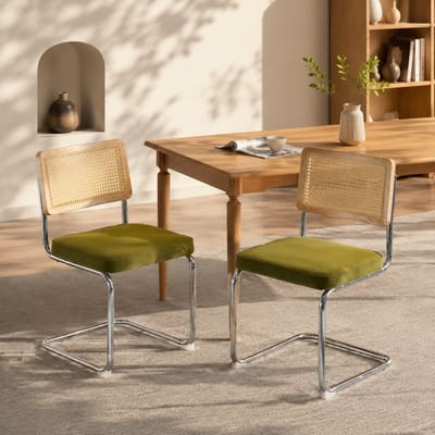 Eetkamerstoelen - Set Van 2 - Eettafelstoel - Gestoffeerde eetkamerstoel - Eetkamerstoelen - Met rugleuning - Rieten rugleuning - Fluweel - Metalen stoelpoten - Middeleeuwse Stijl - Olijfgroen