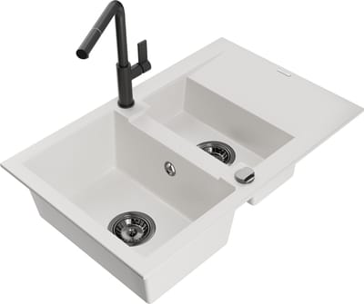 Mexen Gaspar granieten spoelbak 1,5-komor met afdruiprek en keukenkraan Flora, wit - 6507-20-670401-70-B