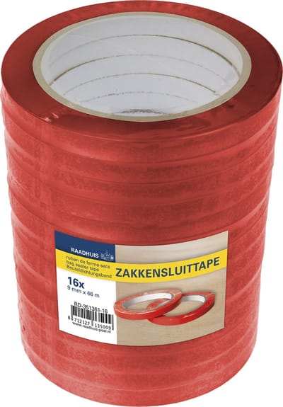 Raadhuis zakkensluittape PVC - 9mm x 66m - rood - 16 stuks - zakkensluiter tape