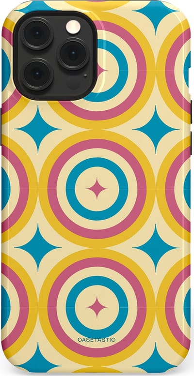 Casetastic hoesje geschikt voor Apple iPhone 12 Pro Max - MagSafe - Dubbellaagse bescherming - Swinging Retro Boogie Circles - Fashion Case - Crème Goud Lichtblauw Koraal