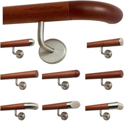 Mahonie leuning leuning houten handvat schuine roestvrijstalen houder, lengte 30-500 cm uit één stuk / bijvoorbeeld lengte 200 cm met 3 hoekige houders - uiteinden = houten krom