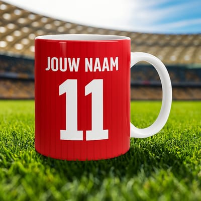 Voetbalmok Power Collection – Kleur Rood – Gepersonaliseerde Mok met Naam en Rugnummer – Voetbal Mok – 325 ml