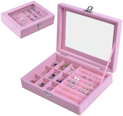 Dailygoods- Sieradenbox Organizer 9 Grids - Fluwelen Opbergdoos - Ring/Display - Transparant Glazen Deksel - Elegant Slot - 20 x 15 x 5 cm - Sieradenopbergdoos