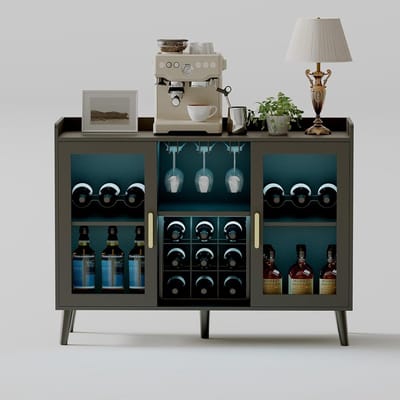 Multifunctioneel Dressoir met Wijnrek en Glashouders - Buffetkast met LED - Koffiebar Meubel - Wijnkast voor Woonkamer & Keuken - 120x40x90 cm