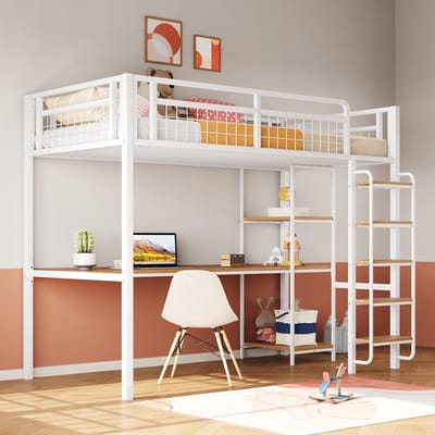 Komhtom Kinderbed Stapelbed enkel 90x200 cm veiligheidsladder met trap, tafel en plank, metalen gaasveiligheidshek wit