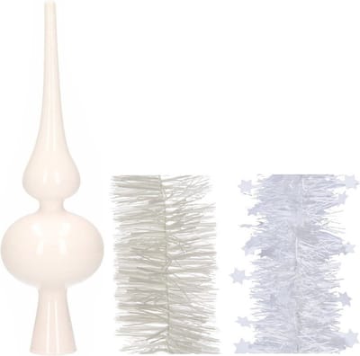Kerstversiering glazen piek glans 26 cm en folieslingers pakket winter wit van 3x stuks - Kerstboomversiering