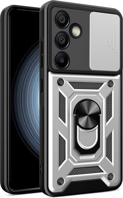 MobyDefend Hoesje - Geschikt voor Samsung Galaxy S24 FE - Pantsercase Met Draaibare Ring - Zilvergrijs