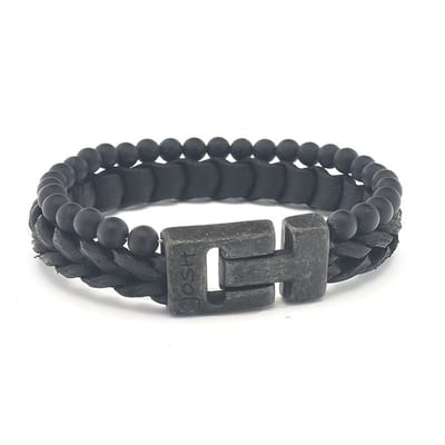 JOSH Heren Leren Armband met Natuursteen Mat Zwart | 24981-BRA