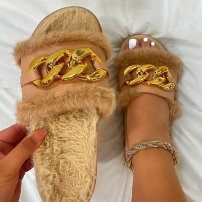 Zomer Pluche Pantoffels Mode Open Teen Effen Kleur Dames Sandalen Metalen Ketting Buiten Casual Dames Schoenen Grote Maat 39 Chocola