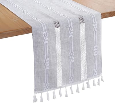 tafelloper met kwastjes, 183 x 33 cm tafeldecoratie, linnen beige tafelkleed voor thuis, bruiloftsdecoratie, grijs