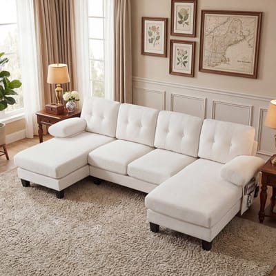 MODFU 4-Zits Bank - Dubbele Chaise Longue - Modern - Voor Woonkamer Of Kantoor - Chenille - Beige - 268 x 128 x 84 cm