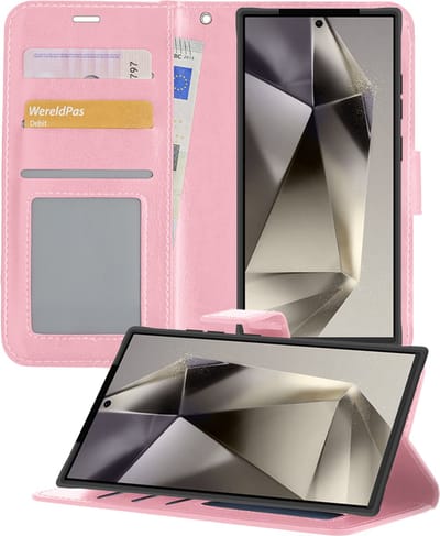 Hoesje - Met Pasjeshouder - Geschikt voor Samsung Galaxy S24 Ultra - Luxe Bookcase Portemonee - Flip Case - Kunstleer Book Case - Flipcase - Book Cover - Walletcase - Portemonneehoes - Telefoonhoesjes - Lichtroze