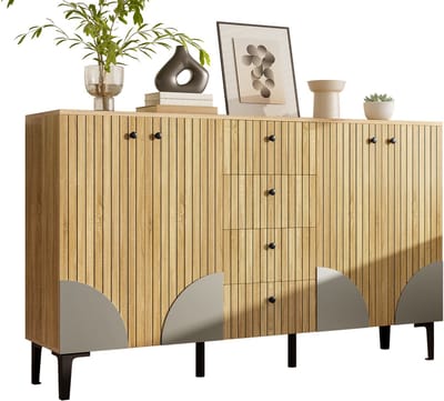 Opbergkast - 160 x 36 x 94 cm (lichte houtlook) - 4 deuren en 4 lades - verticaal houtnerfdesign met zwarte PVC-poten - minimalistisch opbergmeubel voor woonkamer, eetkamer en hal