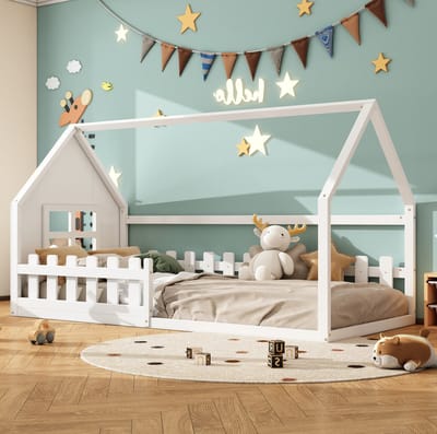 MEUNIQ Kinderbed 90x200 cm huisvormig bedframe met lattenbodem en zijhekje, eenpersoons normaal bed voor de kinderkamer, wit