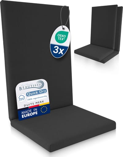 Beautissu QD-HL – Set van 3 Premium Tuinstoelkussens Hoge Rug 122x48 cm – 100% Waterdicht – Weerbestendig – Sneldrogend – UV-bestendig – Antraciet