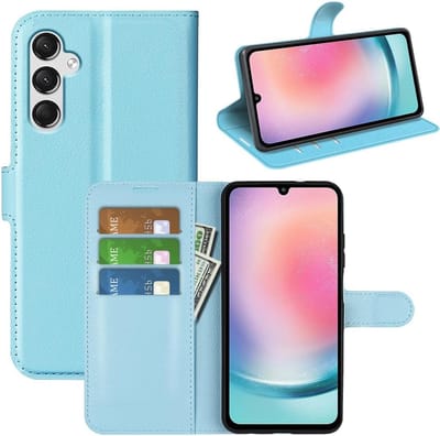 Geschikt voor Samsung Galaxy A25 5G - Kickstand - Kaarthouder - Magnetische Gesp - Hoesje met Siliconen Bumper - Blauw