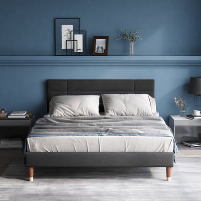 KOMHTOM Tweepersoonsbed 140x200cm Slaapbank Bed volwassene met lattenbodem grijs fluweel met matras