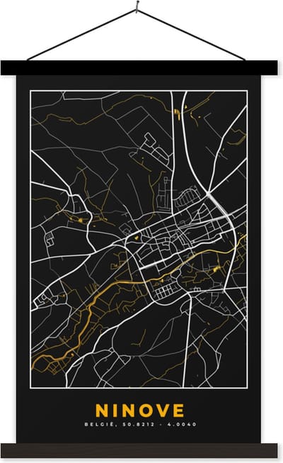 Posterhanger incl. Poster 40x60 cm - Schoolplaat - Plattegrond - Ninove - Stadskaart - Goud - Kaart - Textielposter - Zwarte latten - Stadskaart