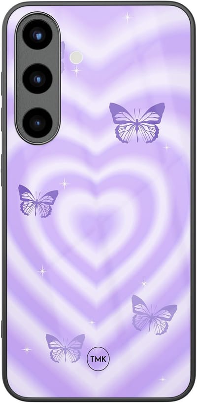 Hoesje geschikt voor Samsung Galaxy S25 - Vlinders retro paars - Paars - TPU luxe case (glossy toplaag) - Print - Hardcase backcover zwart