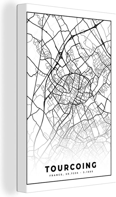 Canvas Schilderij Stadskaart - Tourcoing - Plattegrond - Kaart - Frankrijk - Zwart wit - 20x30 cm - Wanddecoratie