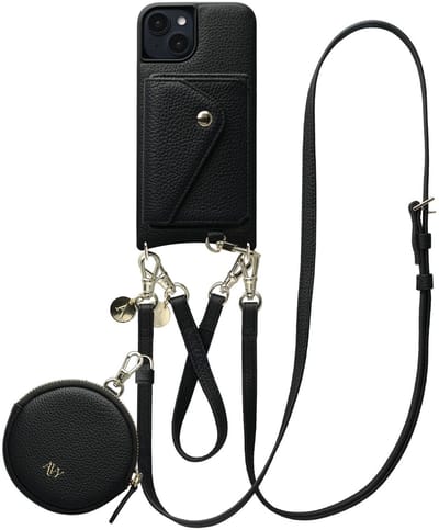 AVY Leren Hoesje geschikt voor Apple iPhone 15 | Met Koord, Wallet en Pouch | Compatibel met MagSafe | Leather Case met 30CM & 130CM Koord | Leather Set | Zwart